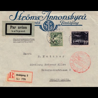 Schweden: 1931: Luftpost Einschreiben Jönköping nach Berlin