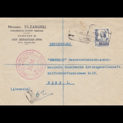 Spanien: 1936: San Sebastian nac Wien, Einschreiben, Zensur