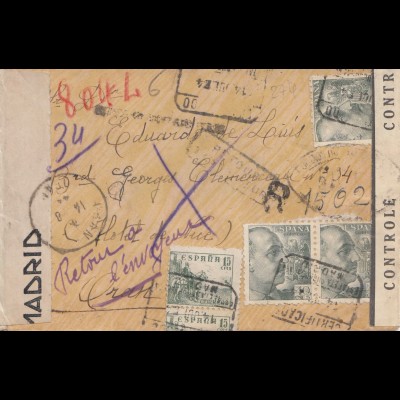 Spanien: 1944: Brief aus Madrid und zurück, viele Zensurstempel