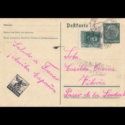 Spanien: 1938: DR Ganzsache nach Vitoria, Vignette, Zensur