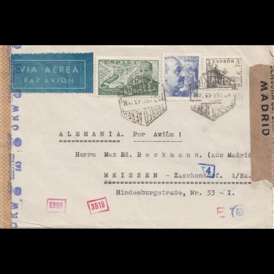 Spanien: 1943: Madrid als Luftpost nach Meissen, OKW Zensur