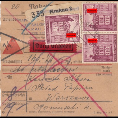 GG: Inlandspaketkarte Krakau-Warschau, sehr seltene 1 Zloty MeF, Eilboten, 19kg