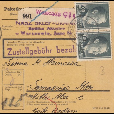 GG: Inlandspaketkarte Warschau - Tomaszow, MeF MiNr. 86B, selten