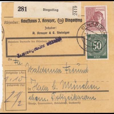 Paketkarte 1948: Dingolfing nach Haar, Selbstbucherkarte mit Wert
