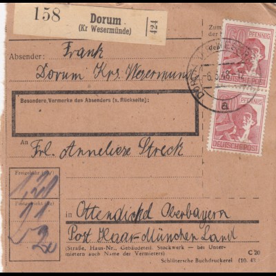Paketkarte 1948: Dorum (Wesermünde) nach Haar