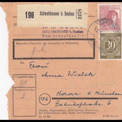Paketkarte 1948: Schwabhausen nach Haar b. München