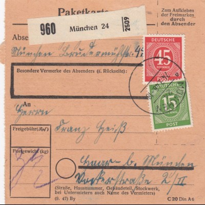 Paketkarte 1948: München nach Haar