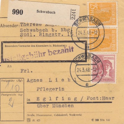 Paketkarte 1948: Schwabach nach Eglfing, Pflegerin