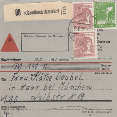 Paketkarte 1948: Sandbach nach Haar bei München, seltenes Formular