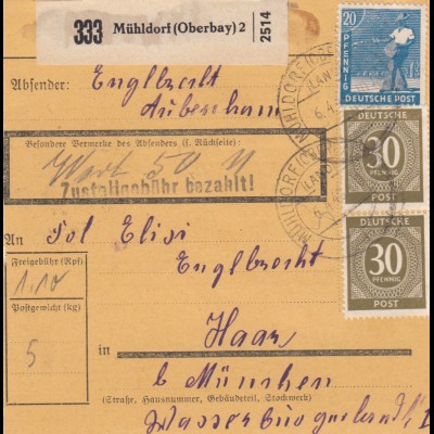 Paketkarte 1948: Mühldorf nach Haar, Wertkarte
