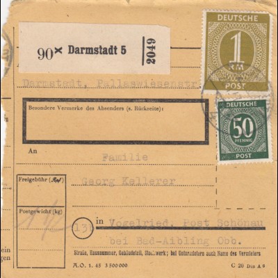 Paketkarte 1947: Darmstadt nach Vogelried, Post Schönau