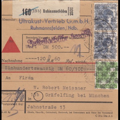 BiZone Paketkarte 1948: Ruhmannsfelden nach Gräfeling, Wertkarte, Nachnahme