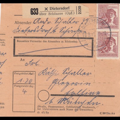 Paketkarte 1948: Dietersdorf Opf. nach Eglfing, Pflegerin