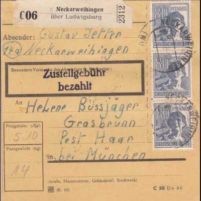 BiZone Paketkarte 1948: Neckarweihingen über Ludwigsburg nach Grasbrunn