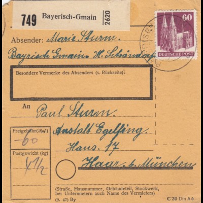 BiZone Paketkarte 1948: Bayersich-Gmain nach Haar Anstalt Eglfing