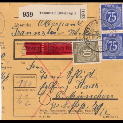 Paketkarte 1948: Traunstein nach Eglfing, durch Eilboten