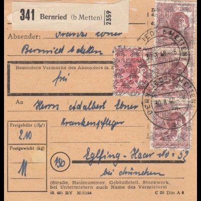 BiZone Paketkarte 1948: Bernried nach Eglfing, Krankenpfleger
