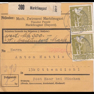 Paketkarte 1948: Marktleugast nach Ottendichl, Wertkarte, Selbstbucher