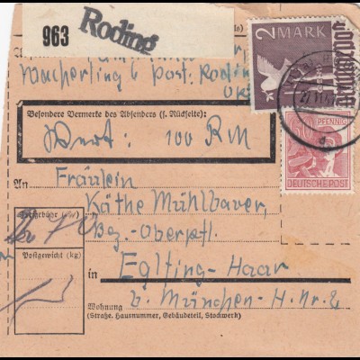 Paketkarte 1947: Roding Wacherling nach Eglfing, Wertkarte