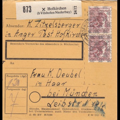 BiZone Paketkarte 1948: Hofkirchen nach Haar