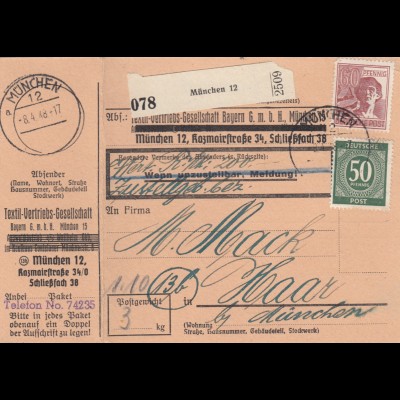 Paketkarte 1948: München 12 nach Haar, Wertkarte, Selbstbucher