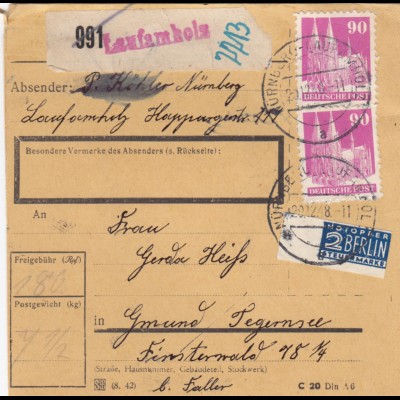 BiZone Paketkarte 1948: Laufamholz Nürnberg nach Gmund, Notopfer