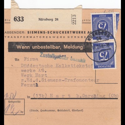 Paketkarte 1948: Nürnberg nach Hart b. Garching, Selbstbucher