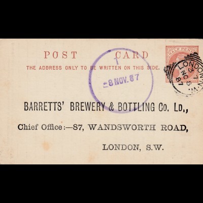 England: London 1886: Brewery&Bottling-Mineral Water, Ganzsache