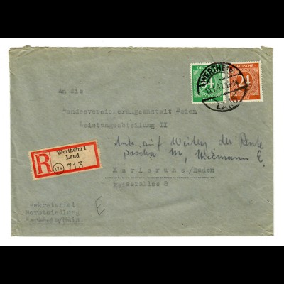 Einschreiben Wertheim 1/Land 1947 nach Karlsruhe