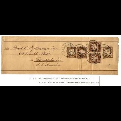 Ganzsache Streifband Drucksache 100-150gr, Landau nach Philadelphia 1896