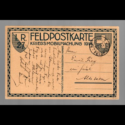 I.R. 27, Feldpostkarte Mobilmachung 1914 nach Altstetten