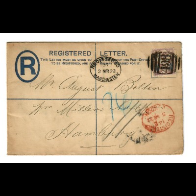 Registered letter Manchester 1892 to Hamburg via London, stamp PERFIN