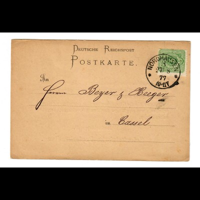 Postkarte Nordhausen, 1877 nach Kassel, Papierhandlung