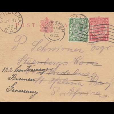 Aberdeen/St. Helena: 1922 post card via Aberdeen to Bremen/Germany