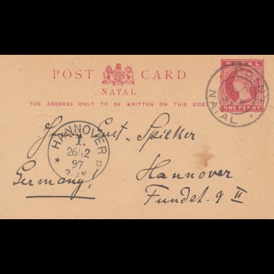 Natal: 1897 post card Point to Hannover