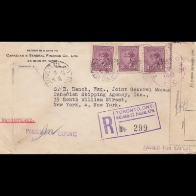 Canada: 1943: Toronto Registred to shipping agency USA, censor