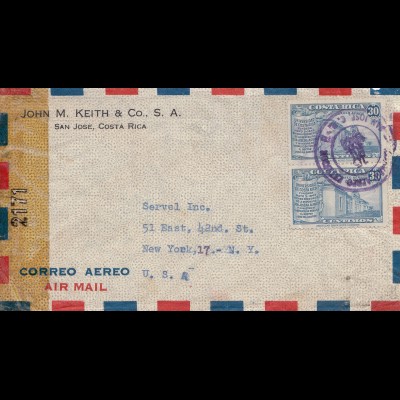 Costa Rica: 1943: San Jose to New York, censor