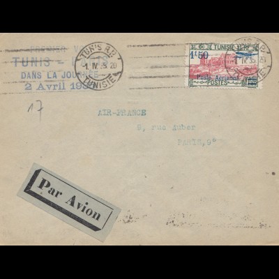 French colonies Tunisie 1935: par avion Air France from Tunis to Paris