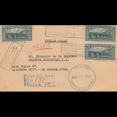 Honduras: 1937: letter from Puerto Castilla to La Habana, registered