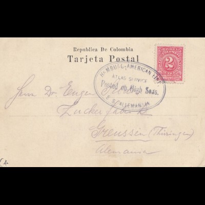 Colombia post card Barranquilla via Hamburg-American Linie, High Sea Posted
