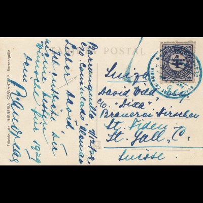 Colombia 1928: post card Barranquilla to St. Gallen