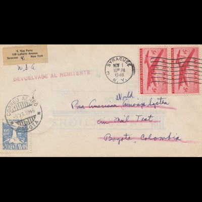 Colombia 1946: letter Bogota to Syracuse, back to sender