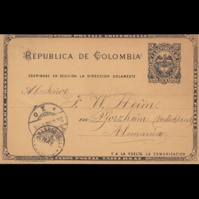 Colombia 1898: post card Abril to Pforzheim
