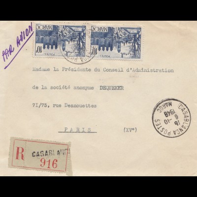 Maroc 1948: air mail Casablanca Registered to Paris
