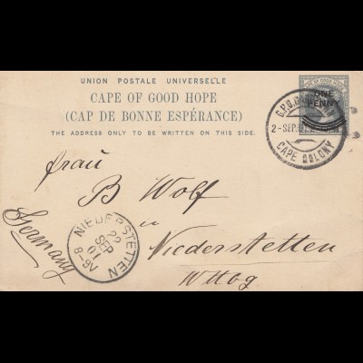 South Africa 1901: Cape Colony to Niederstetten, post card
