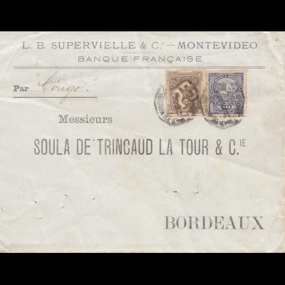 Uruguay 1889 Mondevideo Banque Francaise to Bordeaux