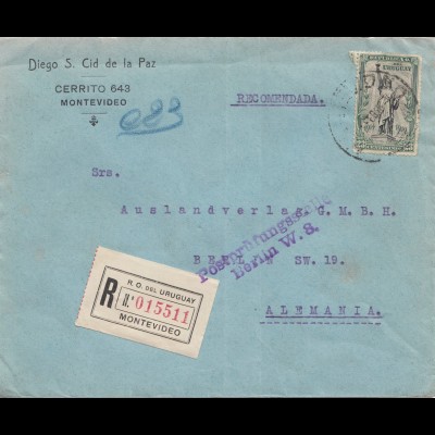 Uruguay 1921: registered Montevideo to Berlin, Postprüfungsstelle Berlin W8
