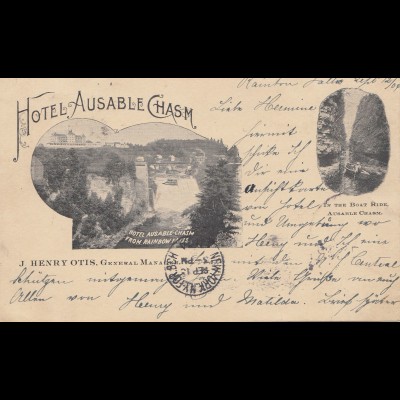 USA 1904: post card Hotel Ausable Chasm Rainbow Falls New York to Altona/Germany