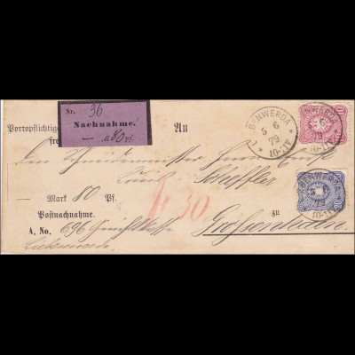 Brief Nachnahme von Benwerda nach Grossenhain 1879
