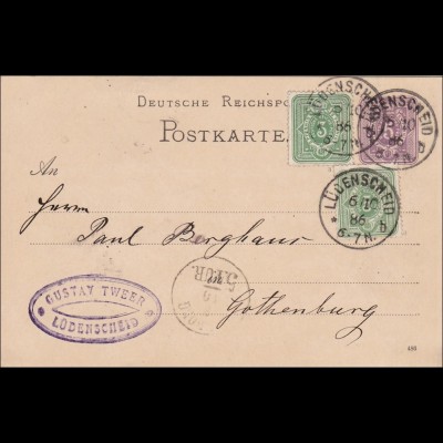 Ganzsache von Lüdenscheid nach Göteburg 1886